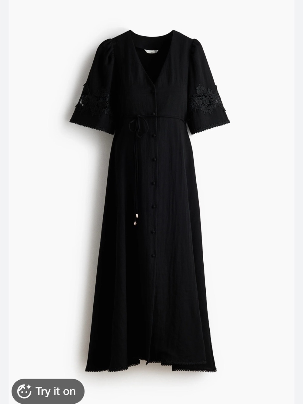 H&M Black V-Neck Midi Dress with Lace Sleeve Accents